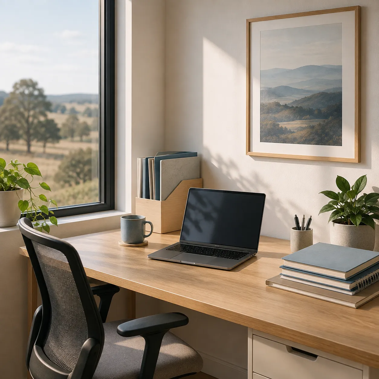 A calm, organised home office kept running while the owner is away
