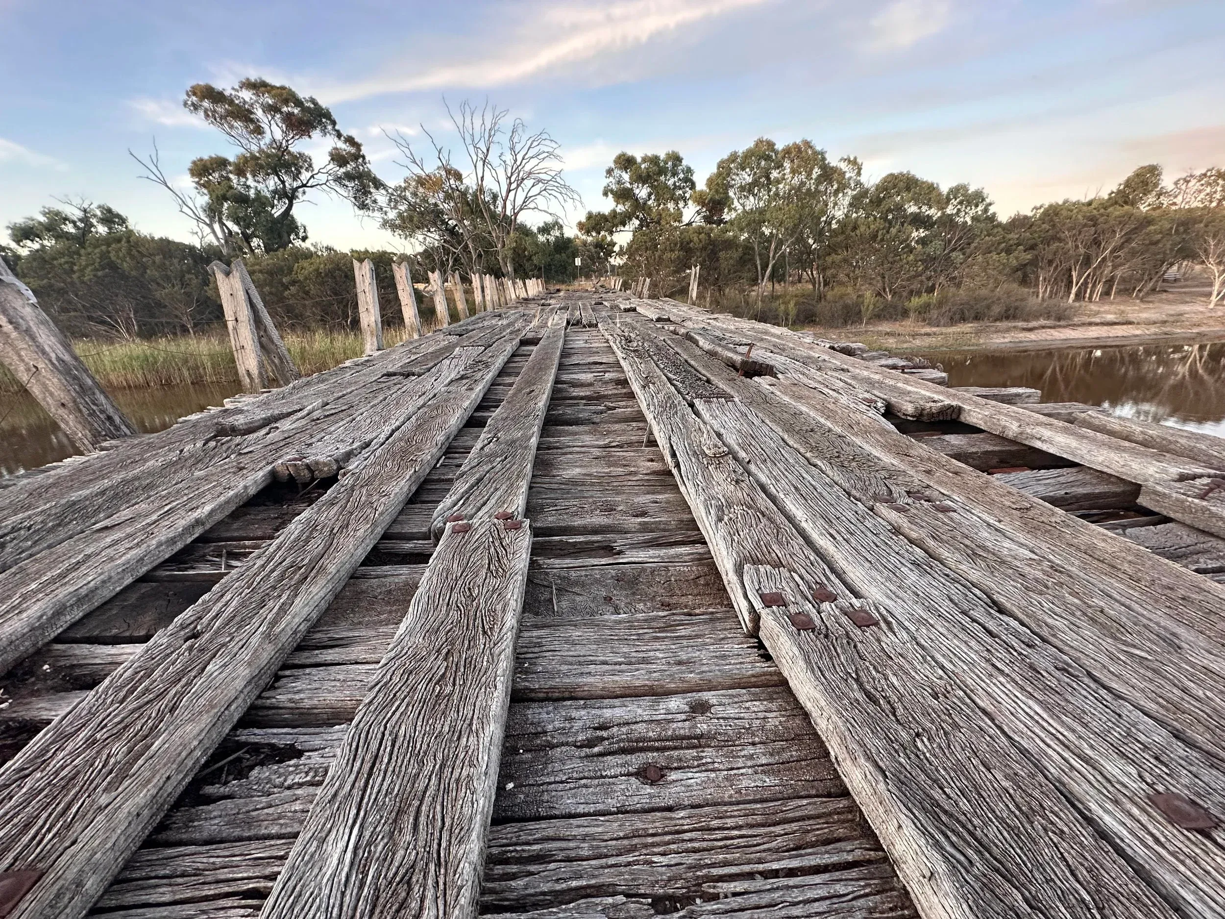 The old timber bridge over the Wimmera River at Jeparit, in Victoria's Mallee
