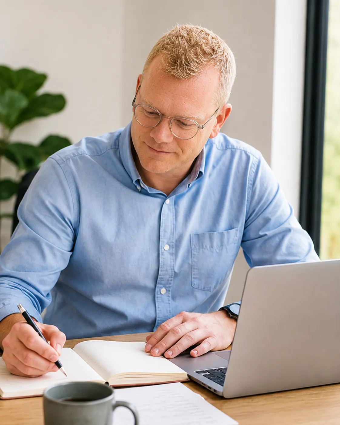 Working at a bright home-office desk