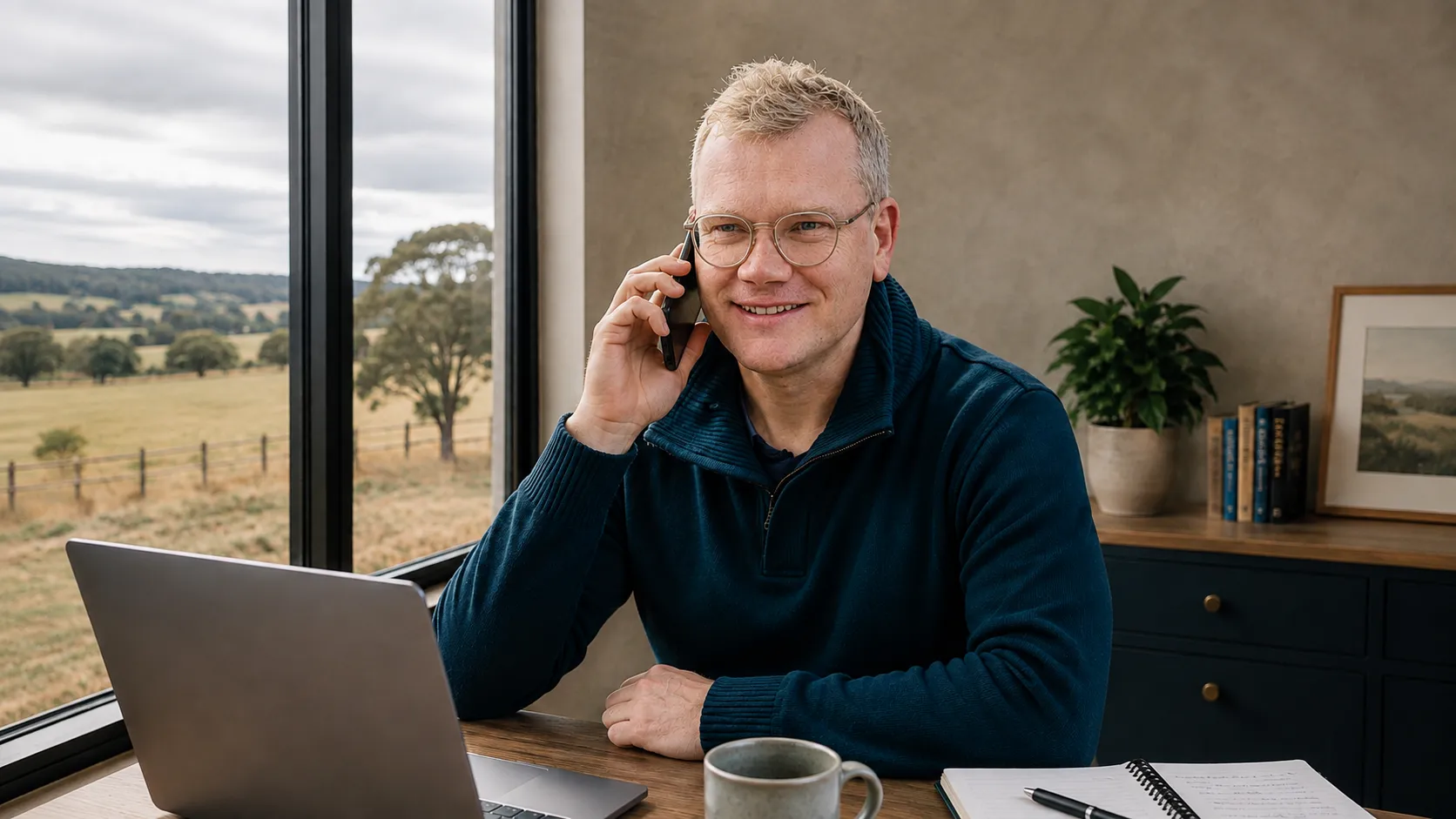 Answering a customer call at a bright home-office desk